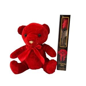 Red Plush Teddy Bear & Chocolate Rose Valentine Gift Set Bundle Valentines Day